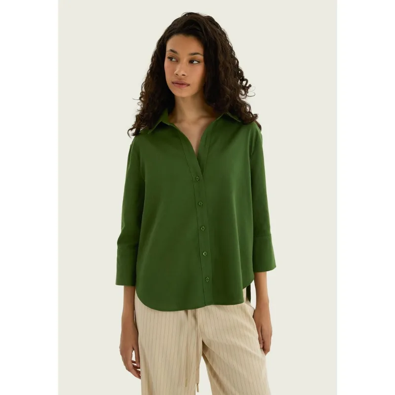 Camisa Feminina Manga 7/8 Com Linho - Verde XG