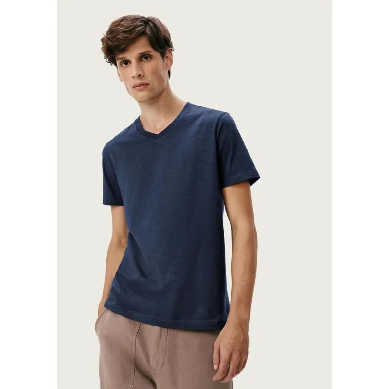 Camiseta Básica Masculina Slim Gola V Em Malha Flamê - Azul G