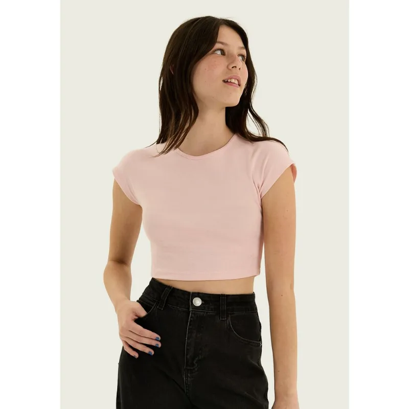 Blusa Teen Cropped Manga Curta - Rosa P