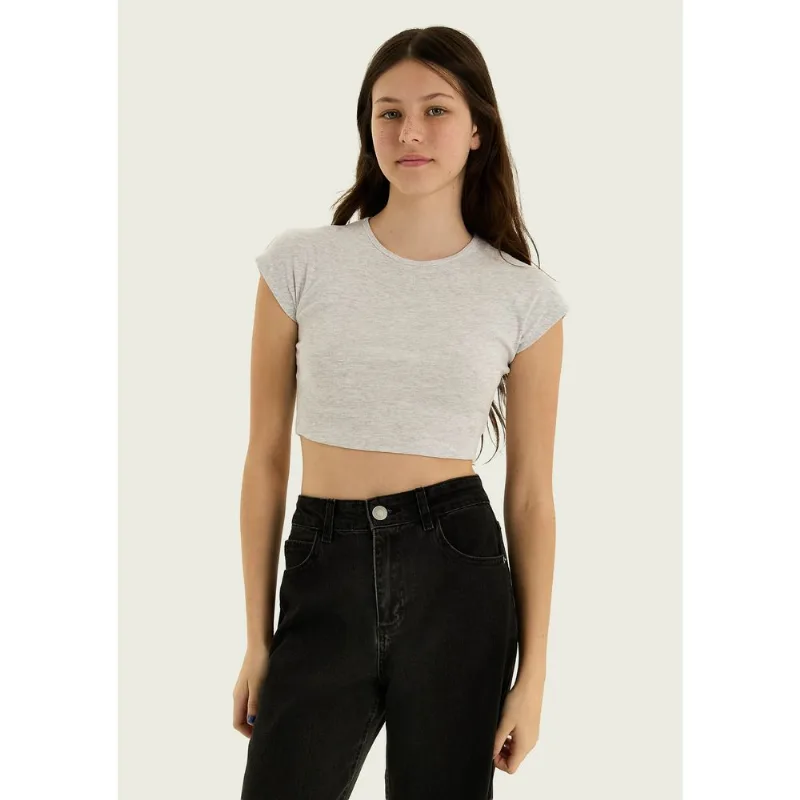 Blusa Teen Cropped Manga Curta - Cinza P