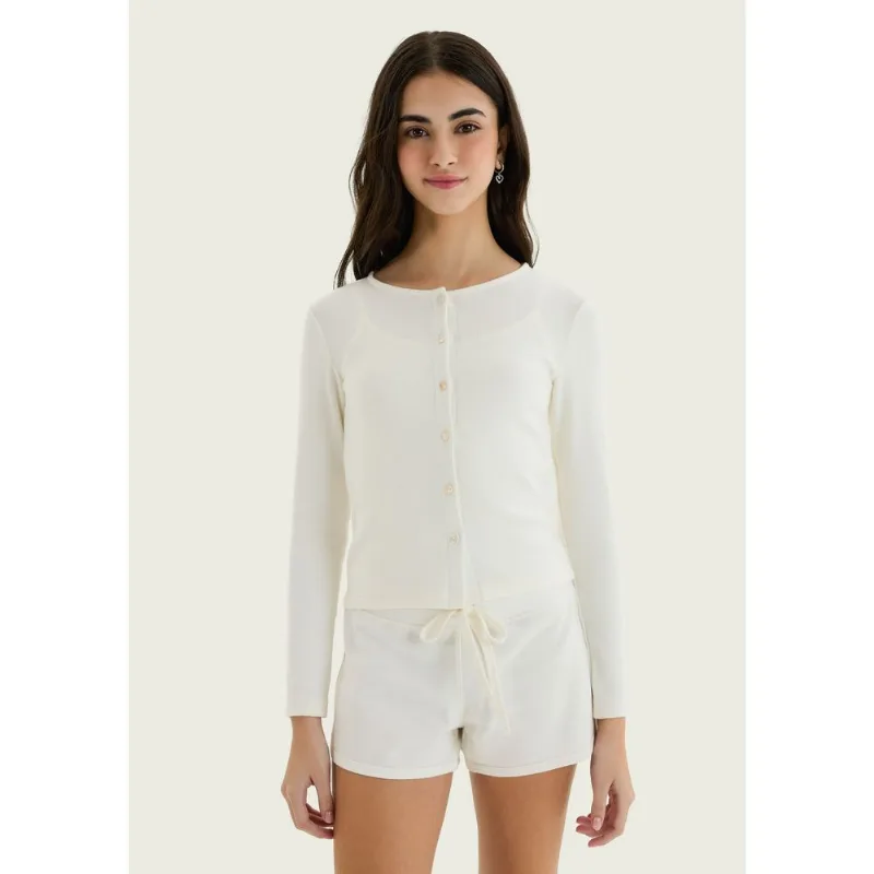 Cardigan Teen Em Ribana Com Botões - Off white G