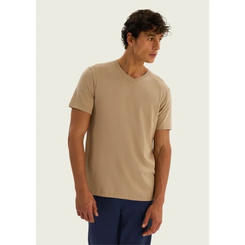 Camiseta Básica Masculina Manga Curta Gola V World - Bege XXG