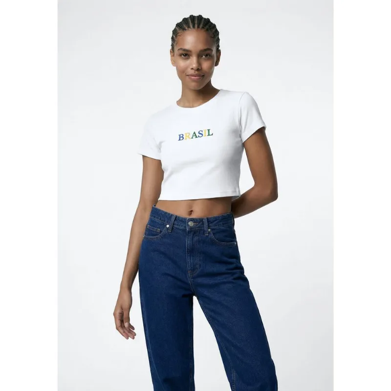 Camiseta Feminina Cropped Torcida Em Malha - Off white P