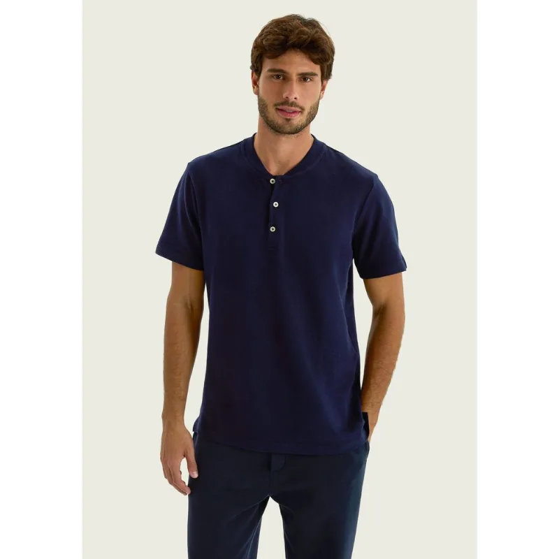 Camiseta Básica Henley Masculina Regular Texturizada - Azul P