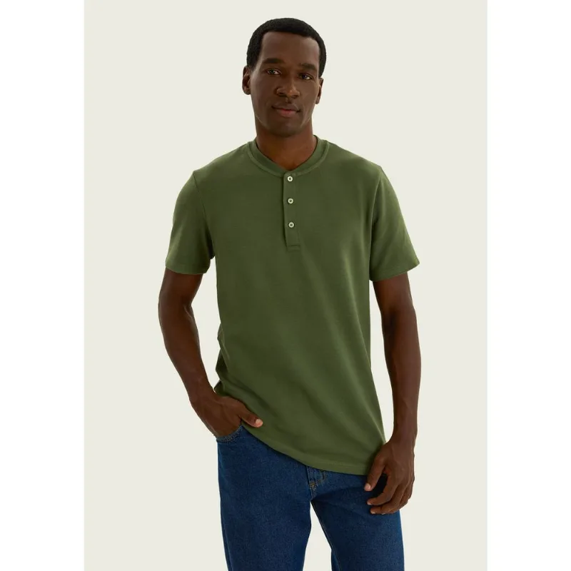 Camiseta Básica Henley Masculina Regular Texturizada - Verde XG