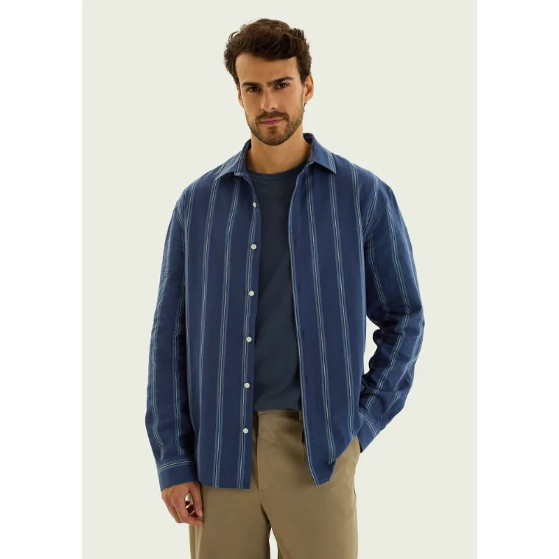 Camisa Masculina Manga Longa Listrada Em Linho - Azul G