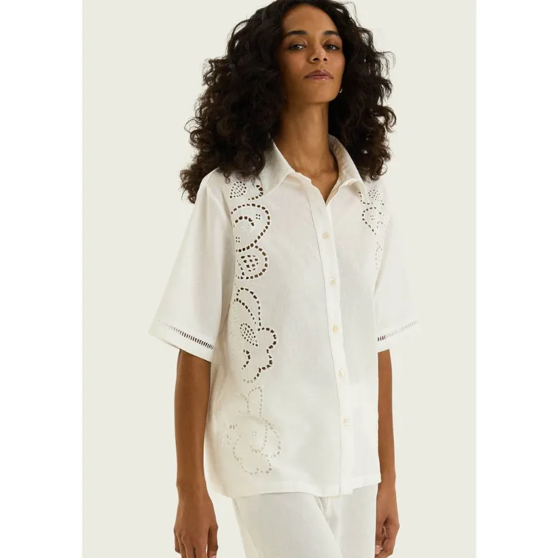 Camiseta Feminina Manga Curta Com Bordado - Off white XG