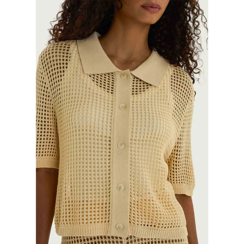 Polo Feminina Manga Curta Em Tricô Texturizado - Amarelo XG