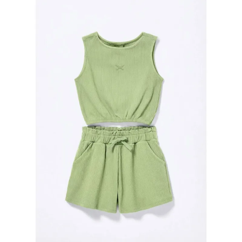 Conjunto Curto Infantil Menina Em Ribana Canelada - Verde 002