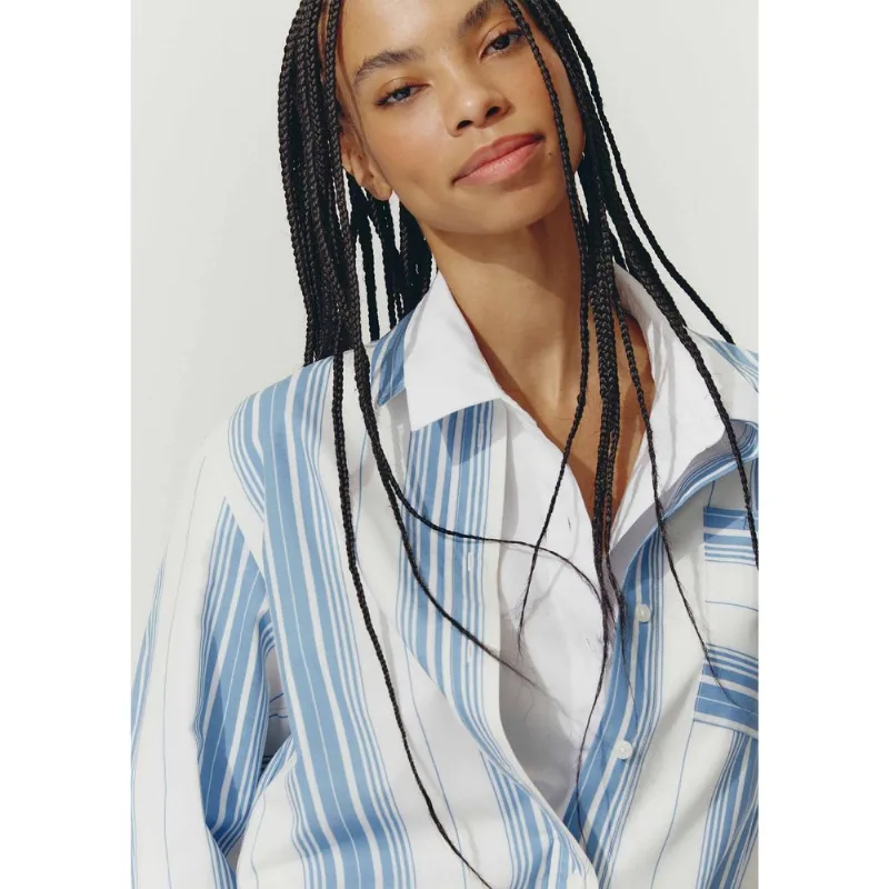 Camisa Feminina Ampla Manga Longa Listrada - Azul M