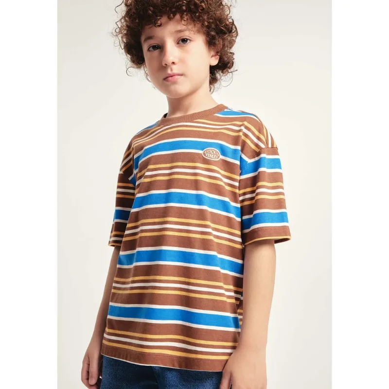 Camiseta Infantil Menino Listrada Com Patch - Marrom 016