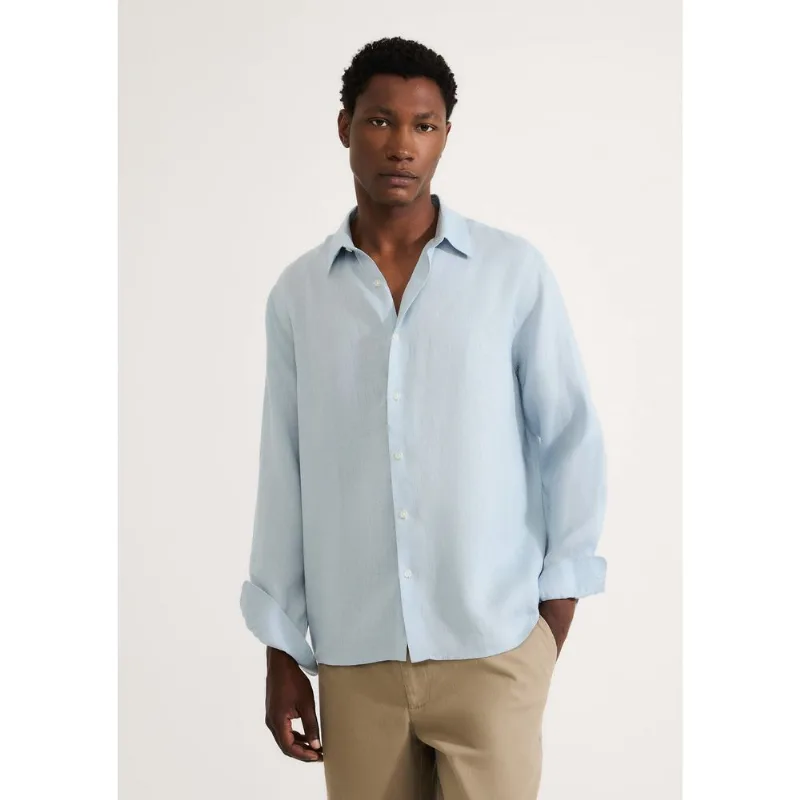 Camisa Masculina Manga Longa Em Linho - Azul M