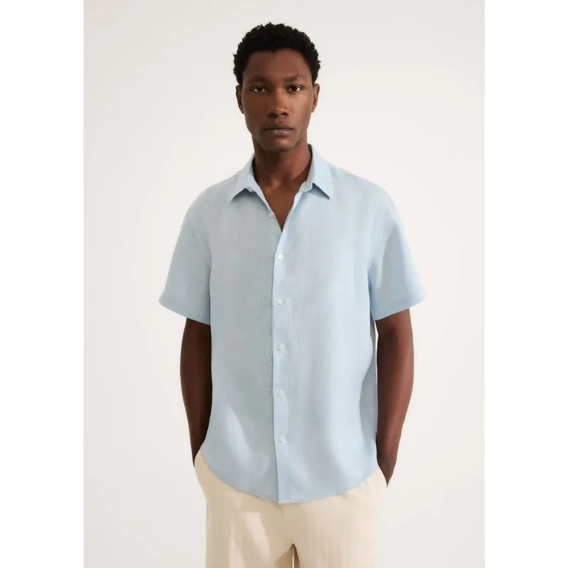 Camisa Masculina Manga Curta Em Linho - Azul XG