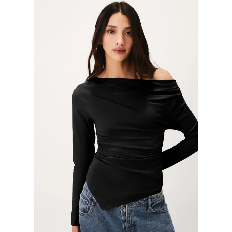 Blusa Feminina Manga Longa Assimétrica Em Malha Premium - Preto M