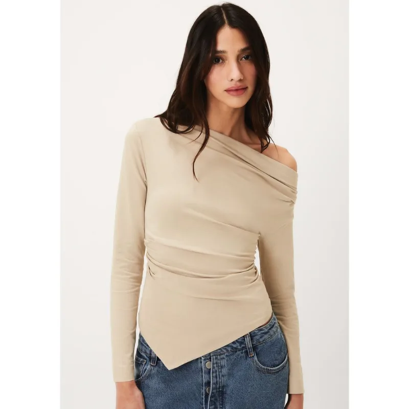 Blusa Feminina Manga Longa Assimétrica Em Malha Premium - Bege M