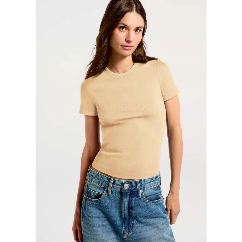 Blusa Feminina Manga Curta Slim Em Ribana - Bege P