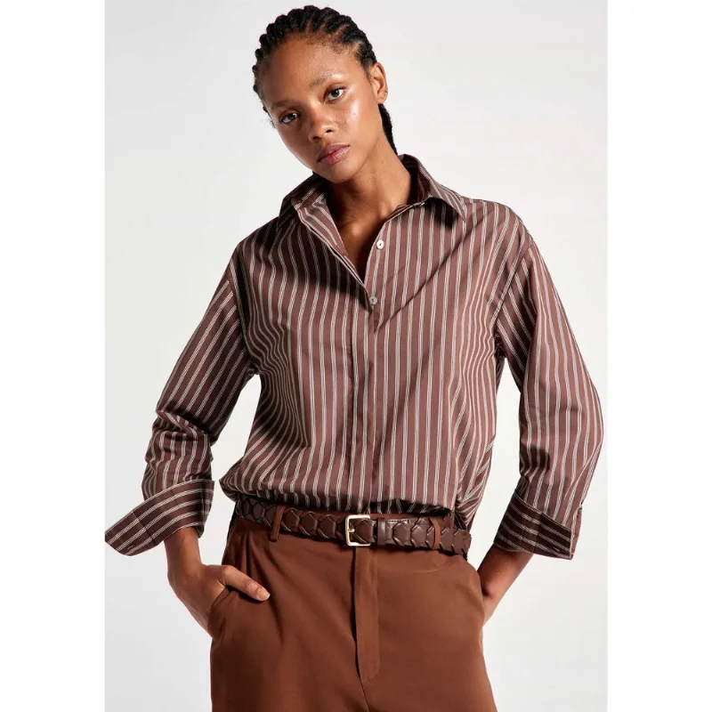 Camisa Feminina Manga Longa Em Tricoline - Marrom G