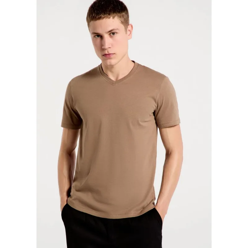 Camiseta Básica Masculina Manga Curta Gola V World - Marrom EXG