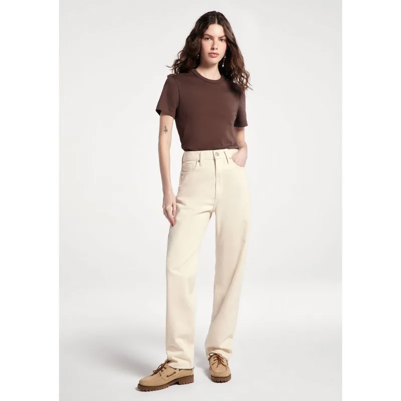 Calça Feminina Mom Cintura Alta Em Sarja - Off white 044