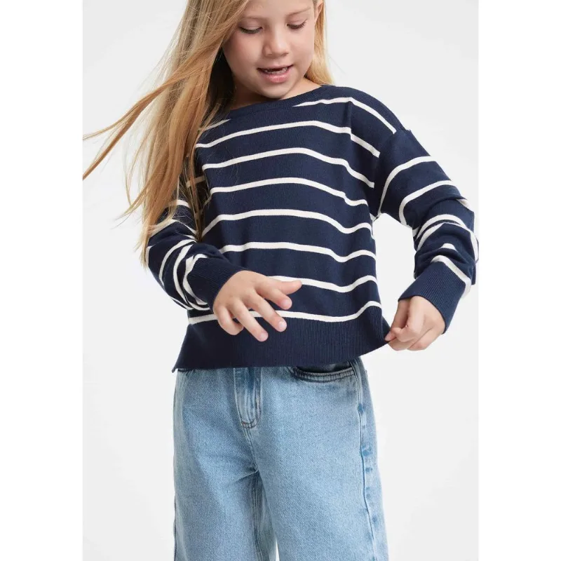 Blusão Em Tricô Infantil Menina Listrado - Azul 010
