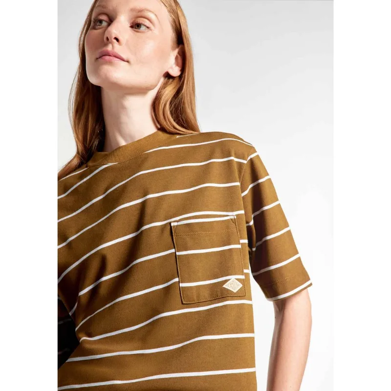 Camiseta Feminina Listrada Com Bolso - Marrom M