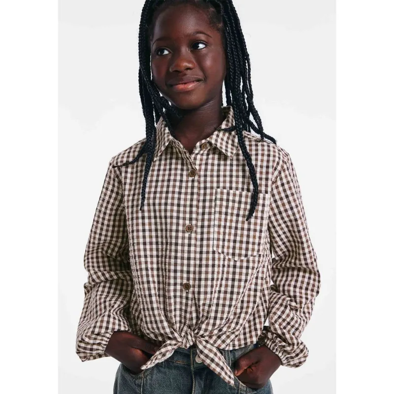 Camisa Infantil Menina Em Tricoline Fio Tinto Xadrez - Marrom 016