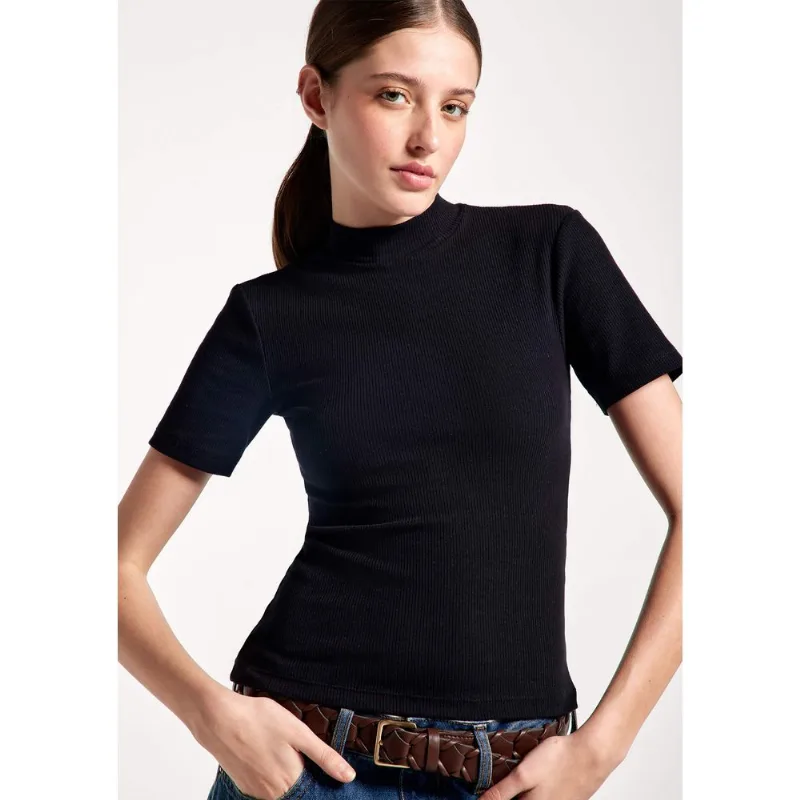 Blusa Feminina Gola Alta Em Ribana Canelada - Preto P