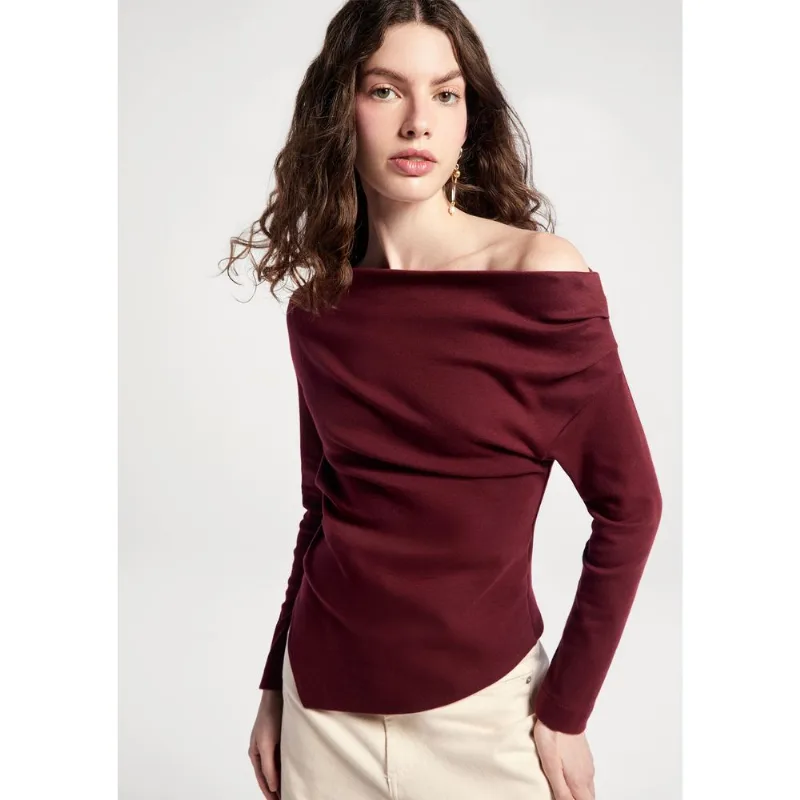 Blusa Feminina Manga Longa Assimétrica Em Malha Premium - Vinho G