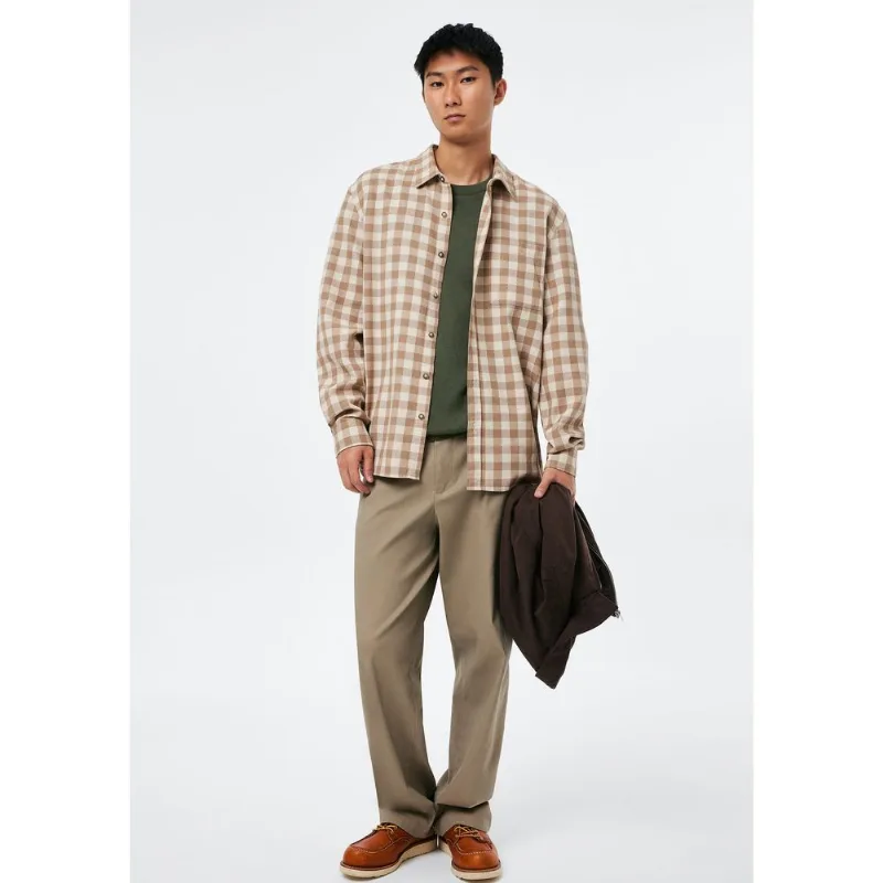 Camisa Masculina Regular em Fio Tinto Quadriculado - Bege P