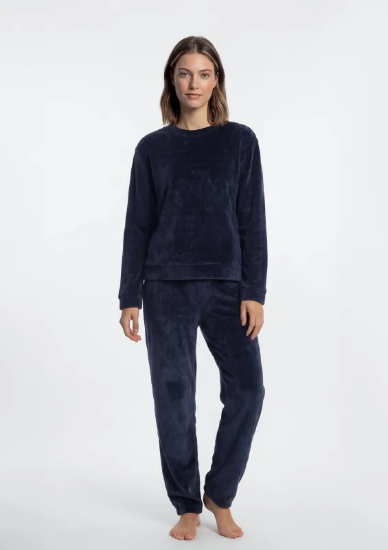 Pijama Longo Feminino Em Fleece - Azul - Hering Intima - Pijamas