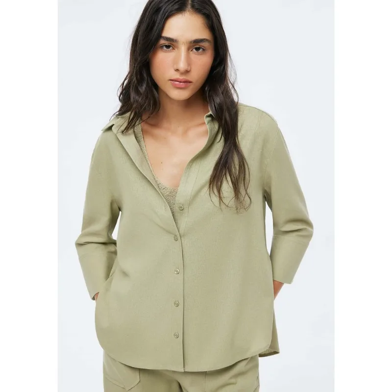 Camisa Feminina Manga 7/8 Com Linho - Verde M
