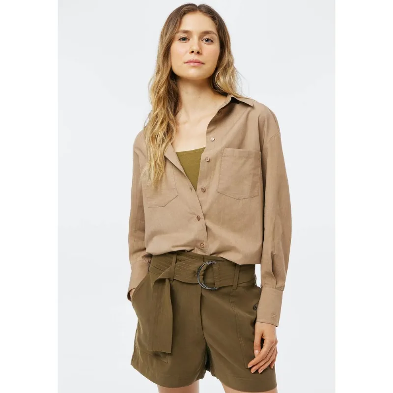 Camisa Feminina Manga Longa Com Bolso - Marrom G
