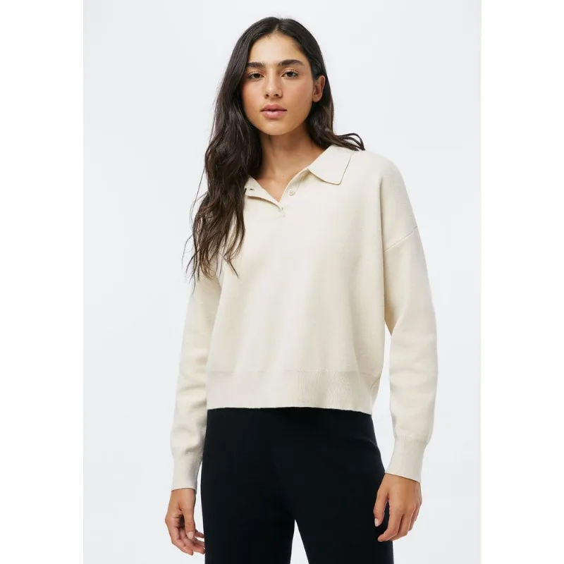 Blusão Polo Feminino Boxy Em Tricô - Off white XG