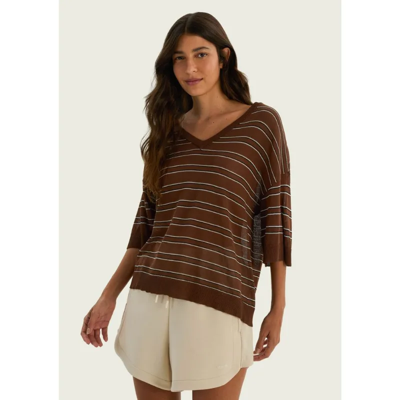 Blusa Feminina Manga Curta Listrada Em Tricô - Marrom P