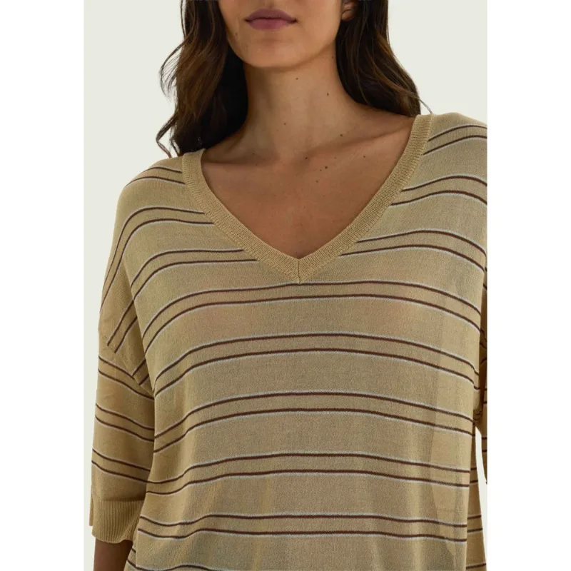 Blusa Feminina Manga Curta Listrada Em Tricô - Bege XG