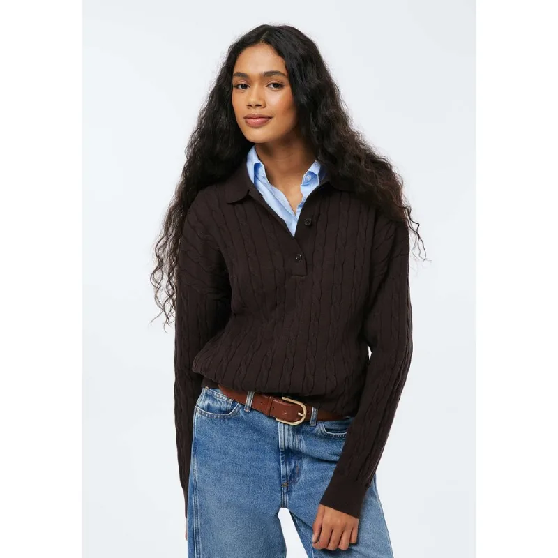 Blusão Polo Feminino Em Tricô Trançado - Marrom P