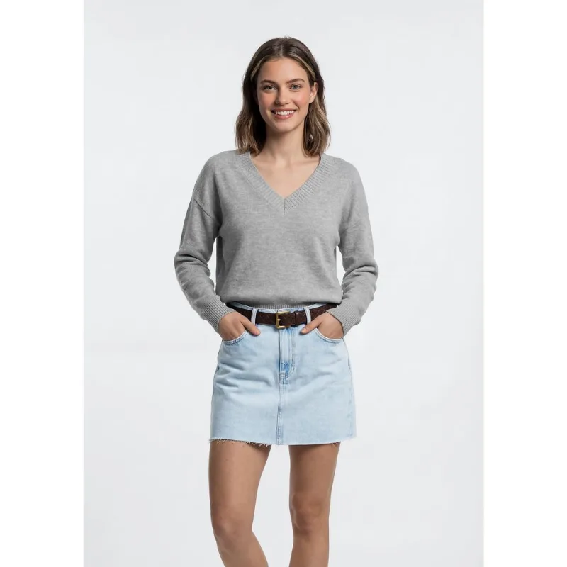 Blusão Feminino Decote V Em Tricô - Cinza P