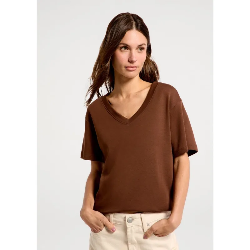 Camiseta Feminina Oversized Decote V Em Malha Interlock - Marrom M