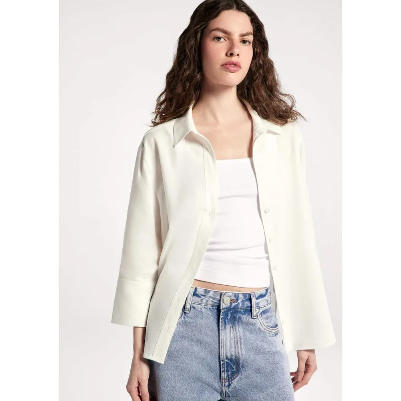 Camisa Feminina Manga 7/8 Com Linho - Off white XG