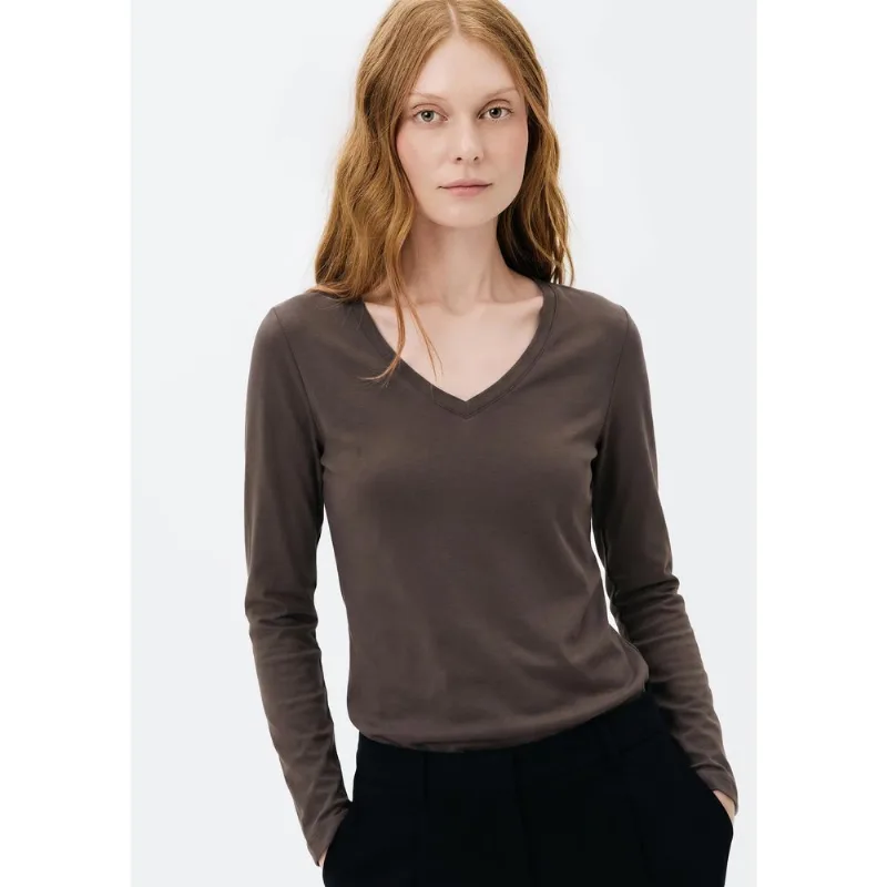 Blusa Básica Feminina Manga Longa Slim Decote V - Marrom G