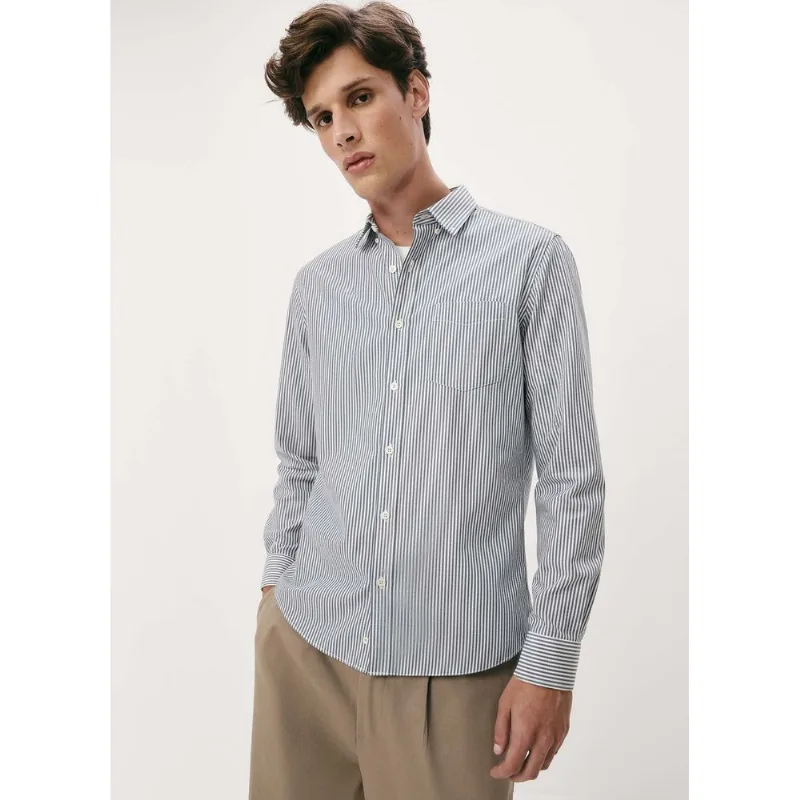 Camisa Básica Masculina Manga Longa Fio Tinto - Azul P