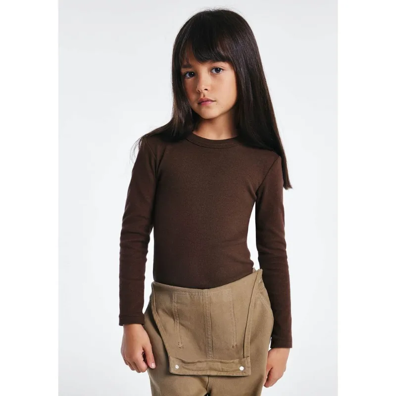 Blusa Infantil Menina Manga Longa Em Ribana Canelada - Marrom 006
