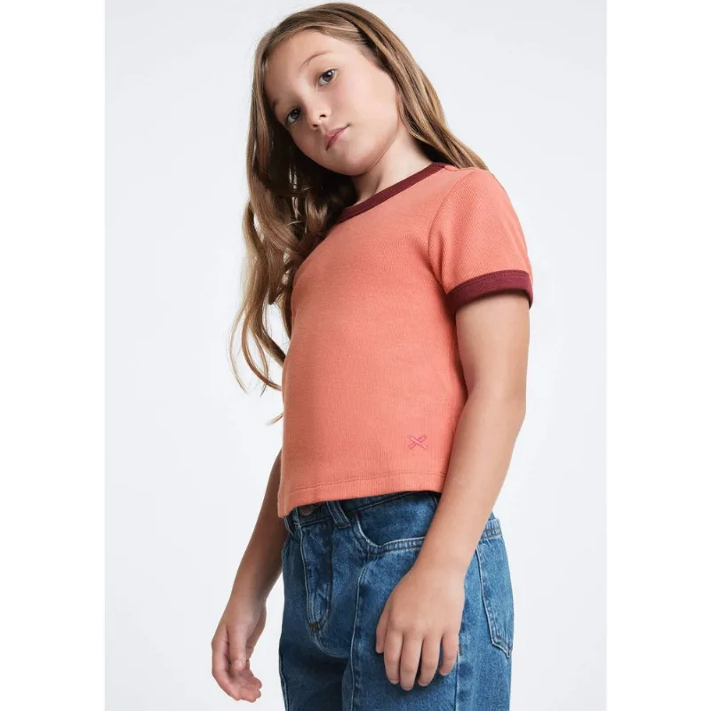 Blusa Infantil Menina Manga Curta Em Ribana Canelada - Rosa 012