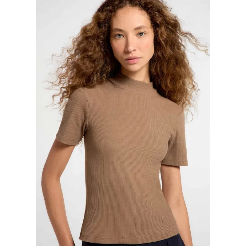 Blusa Feminina Gola Alta Em Ribana Canelada - Bege G