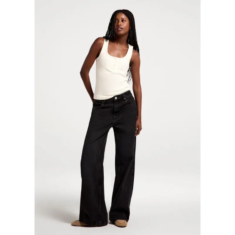 Calça Jeans Feminina Wide Leg Cintura Média - Preto 038