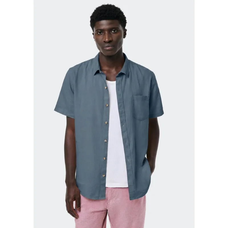 Camisa Básica Masculina Manga Curta Em Linho - Azul XXG