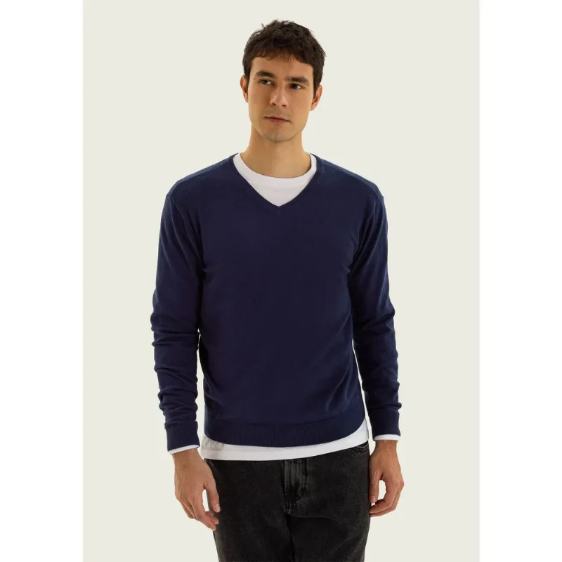 Blusão Masculino Gola V em Tricô - Azul G