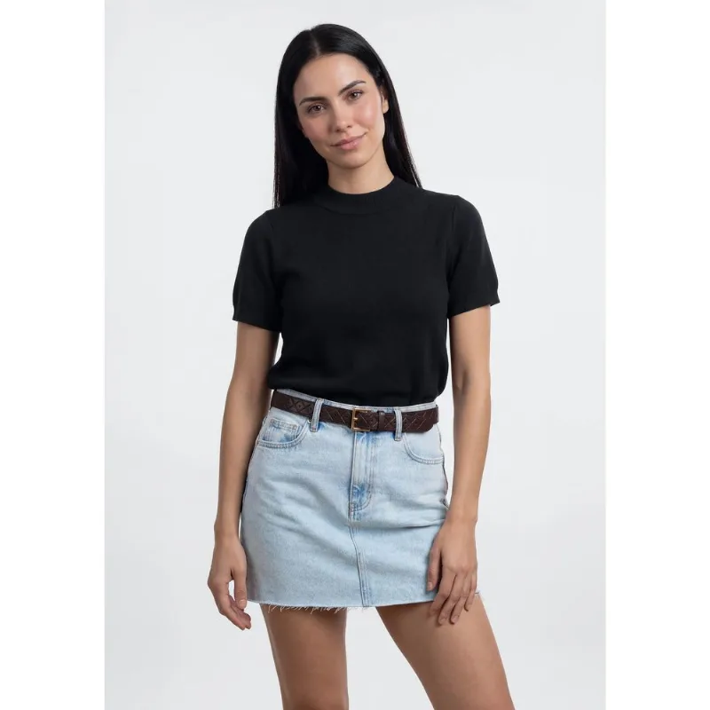 Blusa Feminina Manga Curta Em Tricô - Preto G