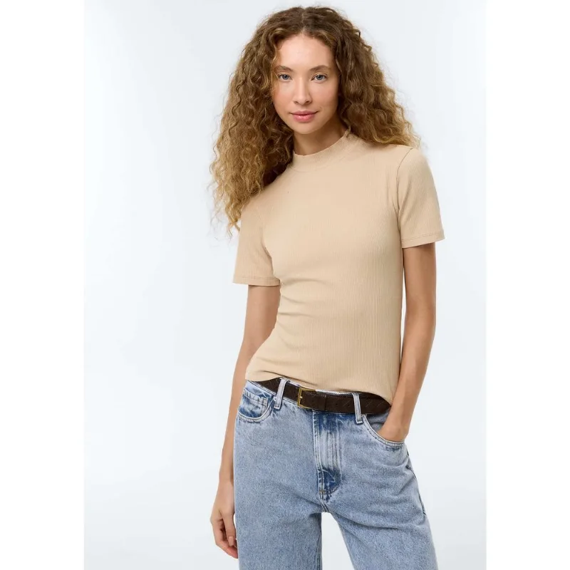 Blusa Feminina Gola Alta Em Ribana Canelada - Bege XG