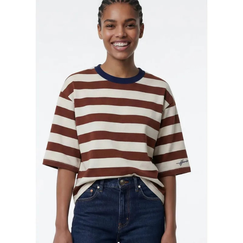 Camiseta Feminina Box Listrada - Marrom G